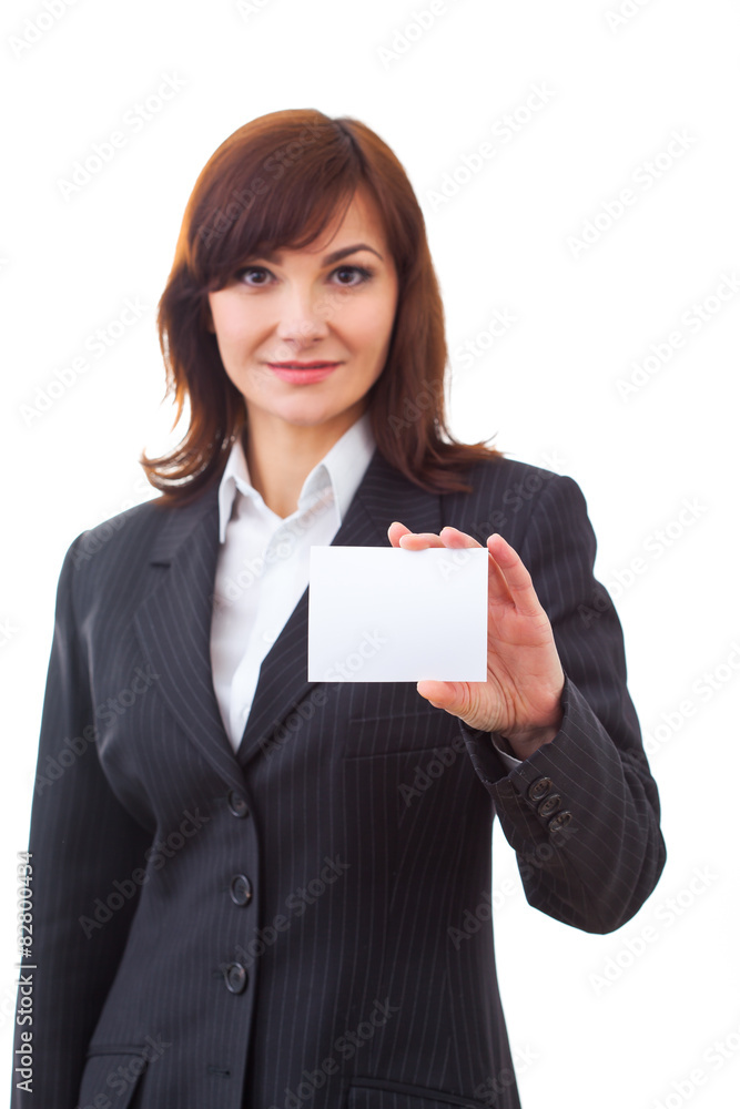 Happy beautiful businesswoman holding a blank card Happy beautiful businesswoman holding a blank card