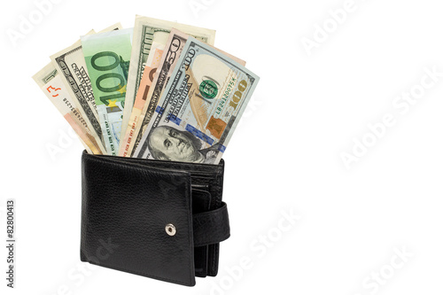 Money in a purse on a white background
