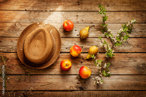 Gardening - hat, apples, pears, hay and blooming tree branch on vintage rustic wood captured from above. Countryside lifestyle - fresh harvest.