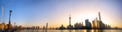 Shanghai skyline panorama at sunrise with The Bund and Pudong