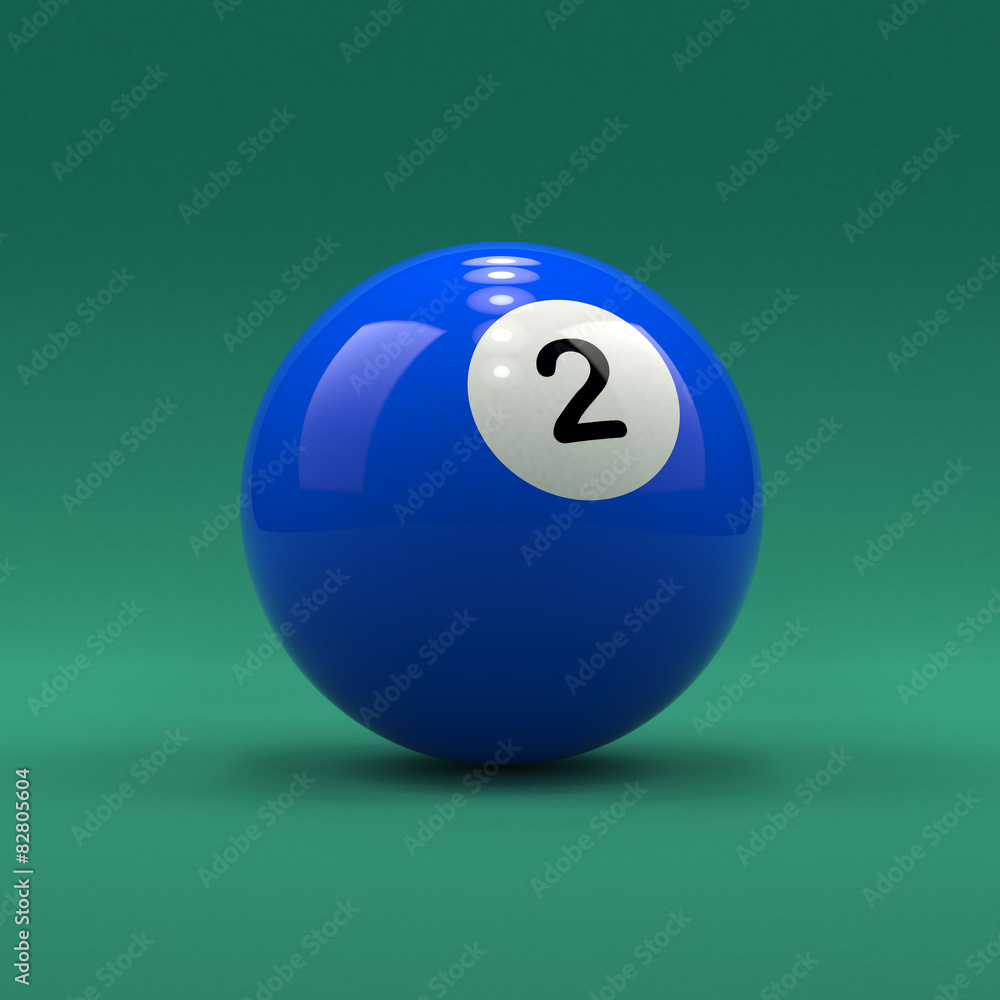 Billiard ball number 2 solid blue color on green table Billiard ball number 2 solid blue color on green table
