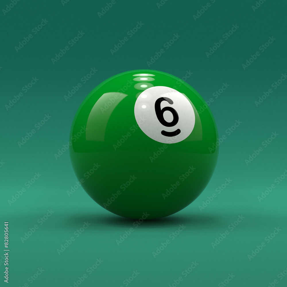 Billiard ball number 6 solid green color on green table Billiard ball number 6 solid green color on green table