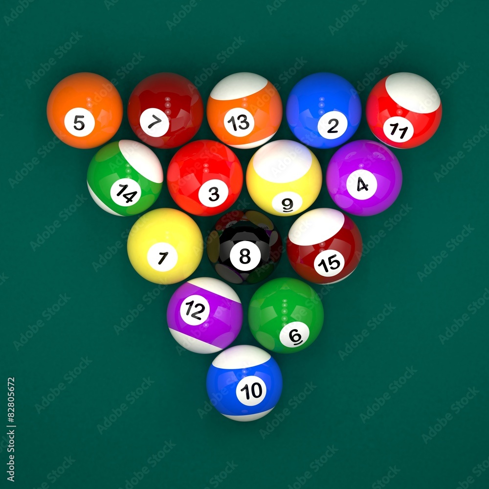 Placed billiard balls on table on green table background Placed billiard balls on table on green table background