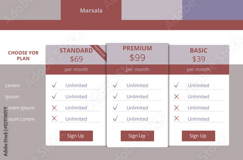 Pricing plans for websites and applications, color marsala