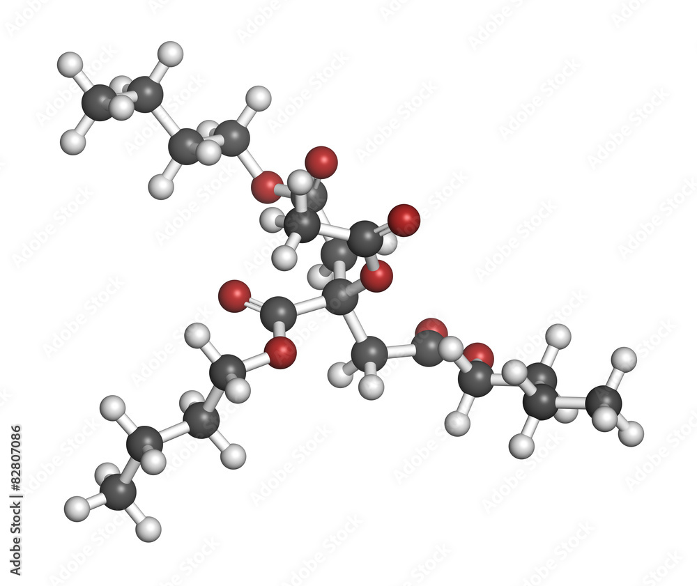 Acetyl tributyl citrate (ATBC) plasticizer molecule. Acetyl tributyl citrate (ATBC) plasticizer molecule.