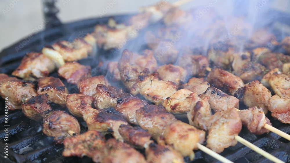 HD video of pork and chicken skewers on barbecue grill HD video of pork and chicken skewers on barbecue grill