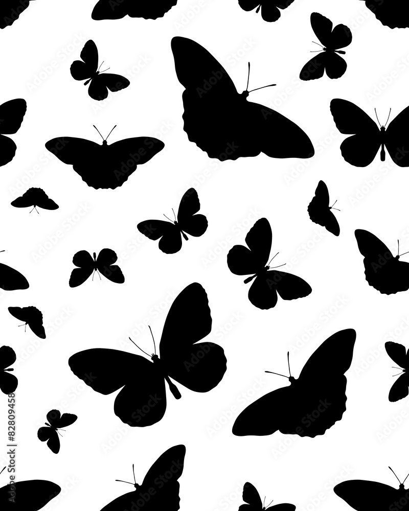 Seamless pattern with black silhouettes of butterflies on white Seamless pattern with black silhouettes of butterflies on white