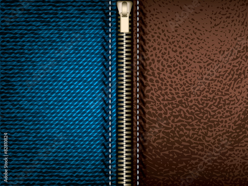 Denim jeans and brown leather with zipper
