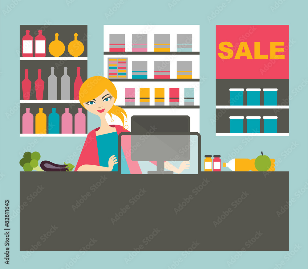 Attractive cashier woman working with smile in the supermarket. Attractive cashier woman working with smile in the supermarket.