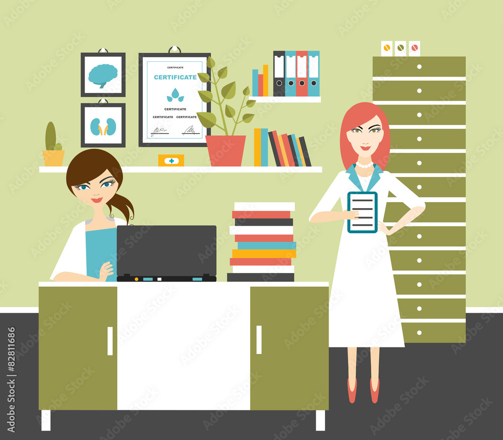 Woman doctor and nurse office workplace. Woman doctor and nurse office workplace.