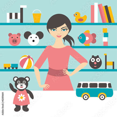 Toy stores sales woman. Flat design.
