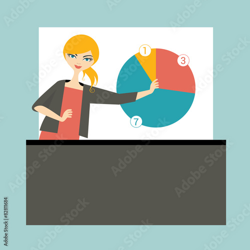 Business woman lector teaching and training people. 
