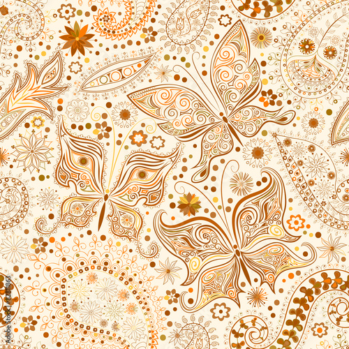Vintage seamless floral motif background with butterflies.