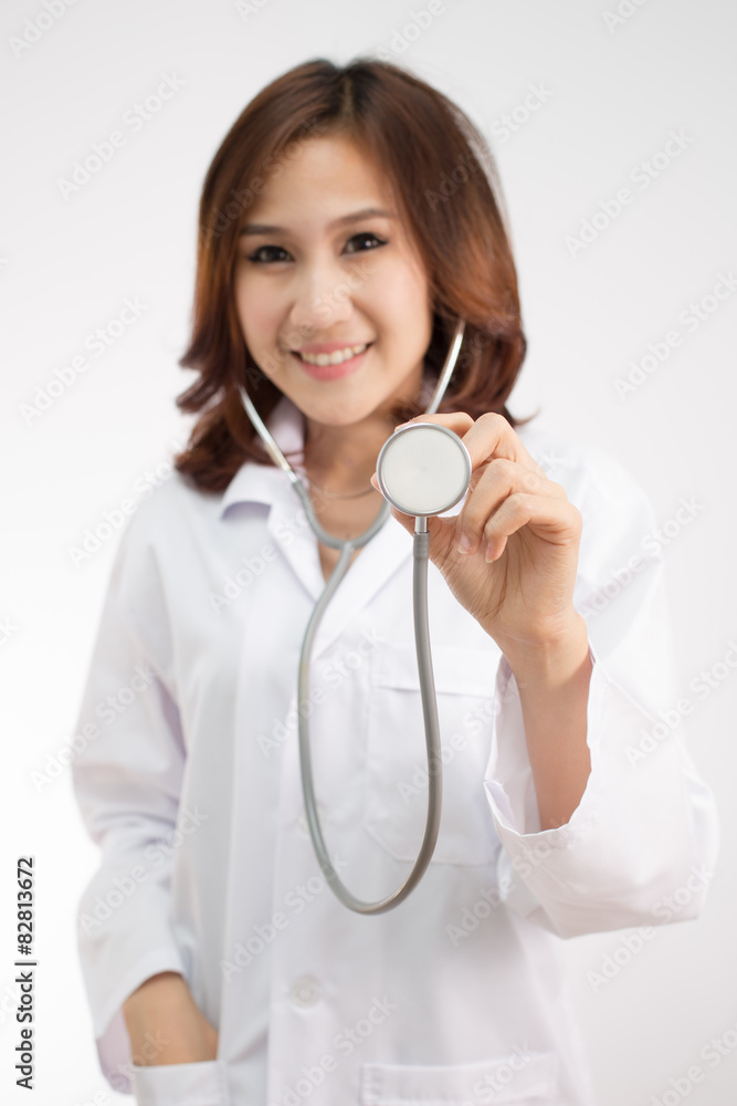 Asian medicine doctor woman, closeup portrait on white backgroun Asian medicine doctor woman, closeup portrait on white backgroun