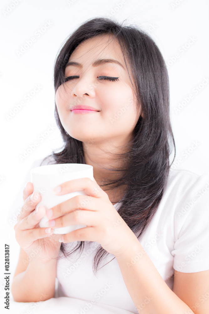 beautiful young woman hold cup of coffee lying think relaxing on beautiful young woman hold cup of coffee lying think relaxing on