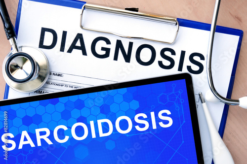 Form with word diagnosis and tablet with Sarcoidosis
