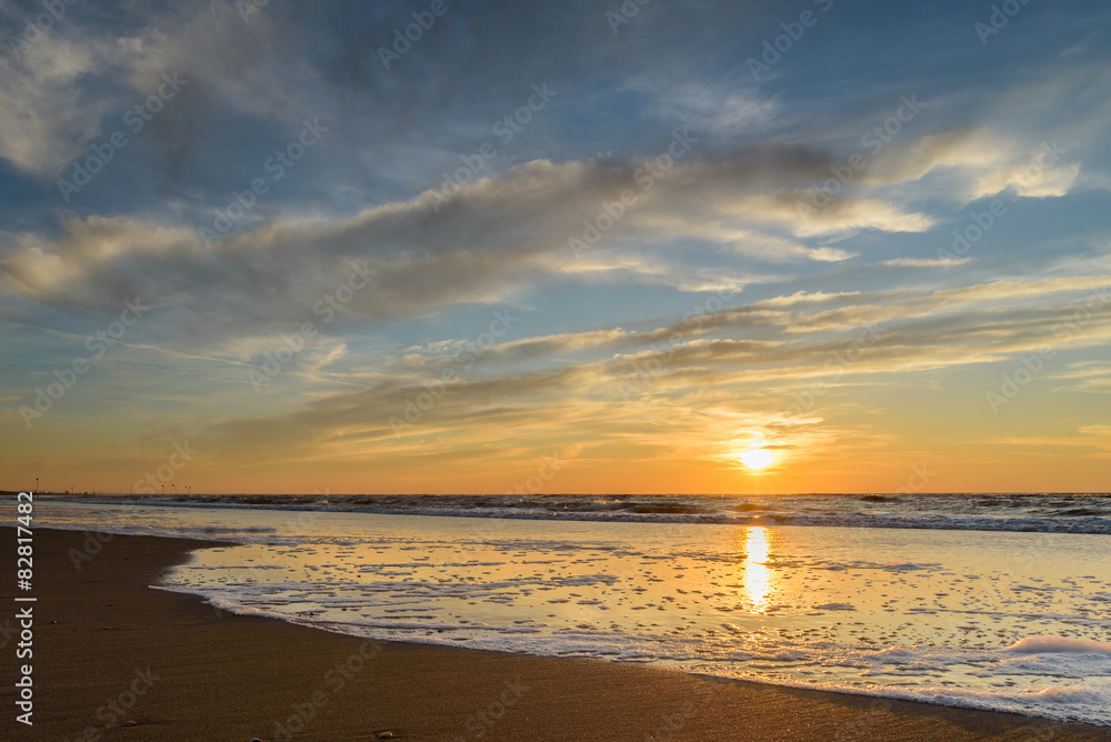Sunset on the beach of Katwijk, The Netherlands.