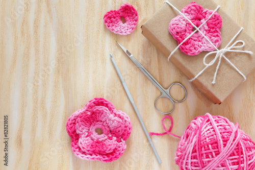 Handmade pink crochet flowers  heart for decoration of gift