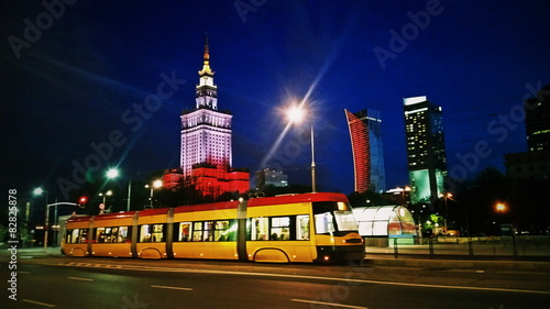 Tram on Warsaw city street at evening or night