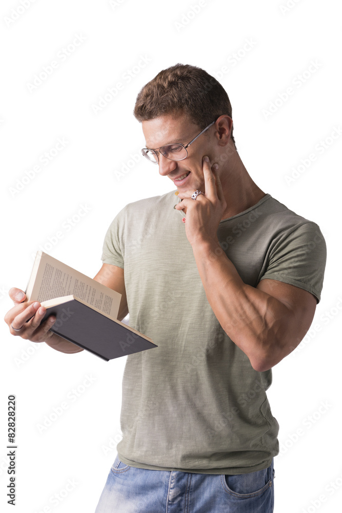 Man Reading Big Book Isolated on White Background, Smiling Man Reading Big Book Isolated on White Background, Smiling
