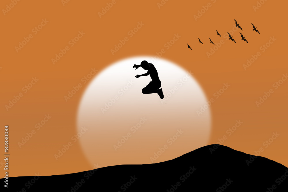 Silhouettes of children jumping on mountain sunset background. Silhouettes of children jumping on mountain sunset background.
