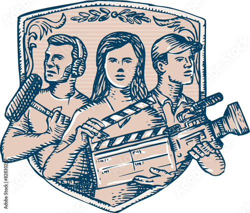 Film Crew Clapperboard Cameraman Soundman Etching