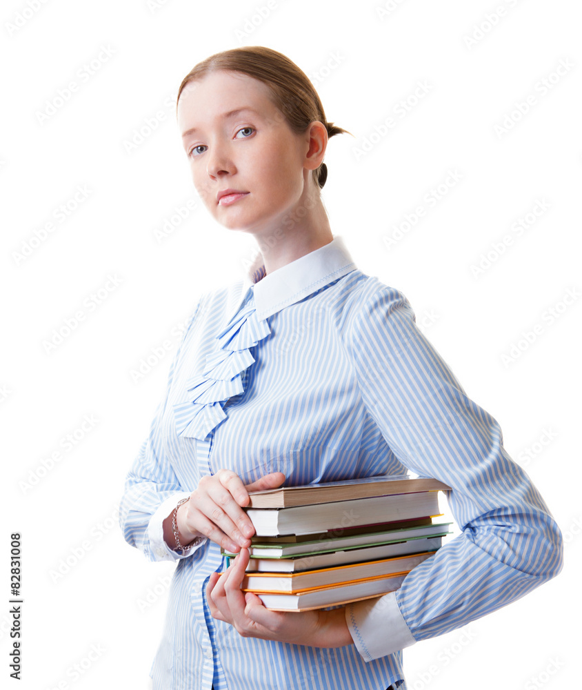 Student girl with a pile of books Student girl with a pile of books