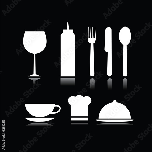 Set of food and beverage symbols in black background 