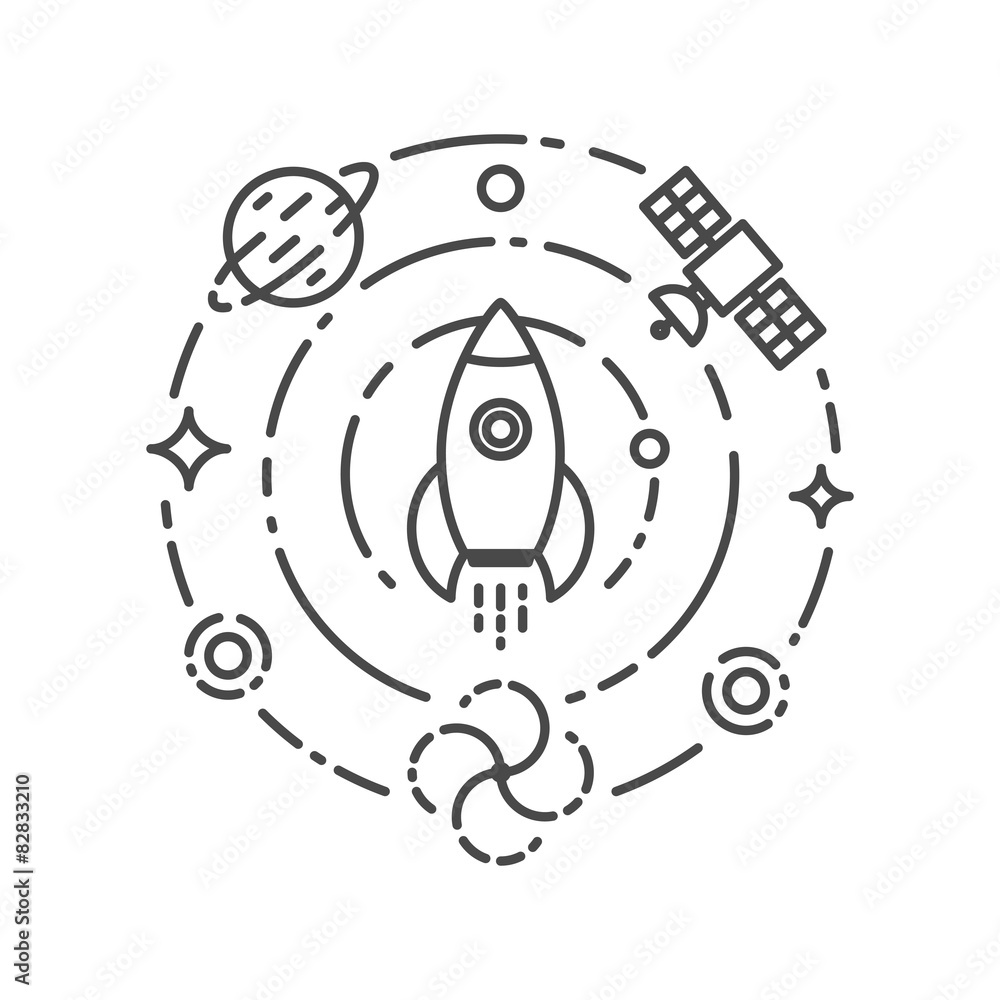 Vector illustration of rocket flying in space. Start up and scie