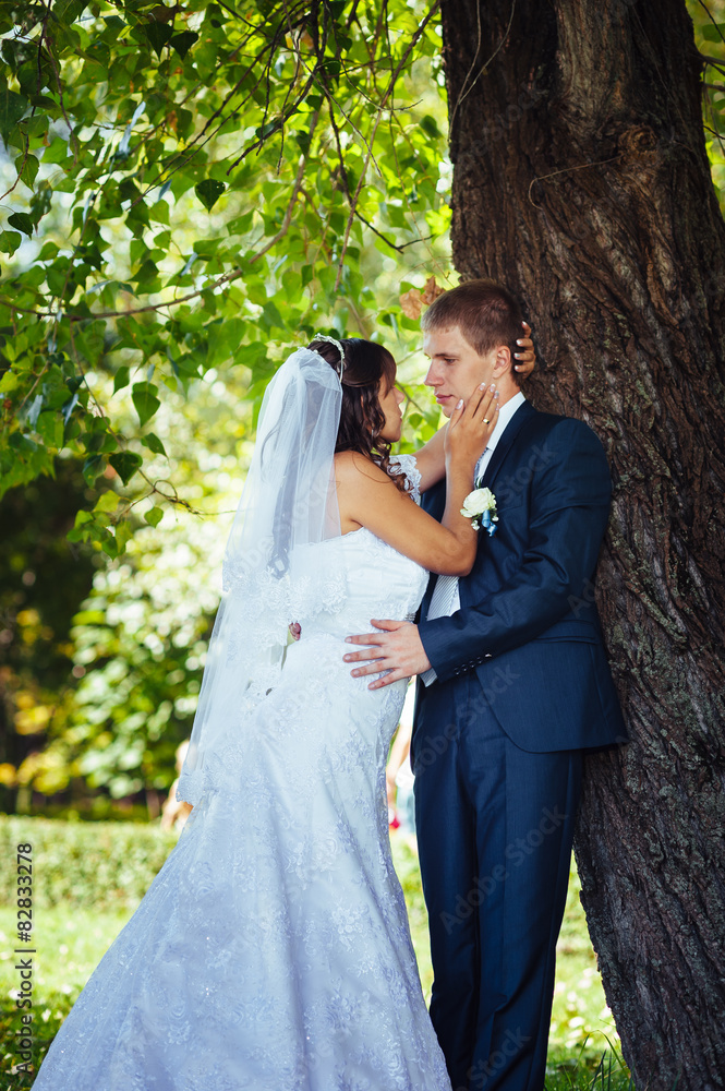 Bride and Groom at wedding Day walking Outdoors on spring nature Bride and Groom at wedding Day walking Outdoors on spring nature