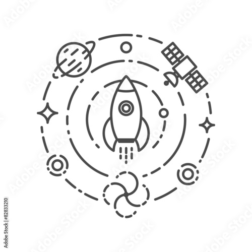 Vector illustration of rocket flying in space. Start up and scie