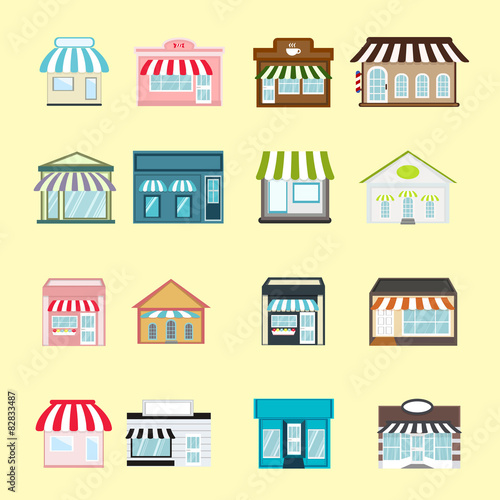 Store shop front window buildings icon set flat 