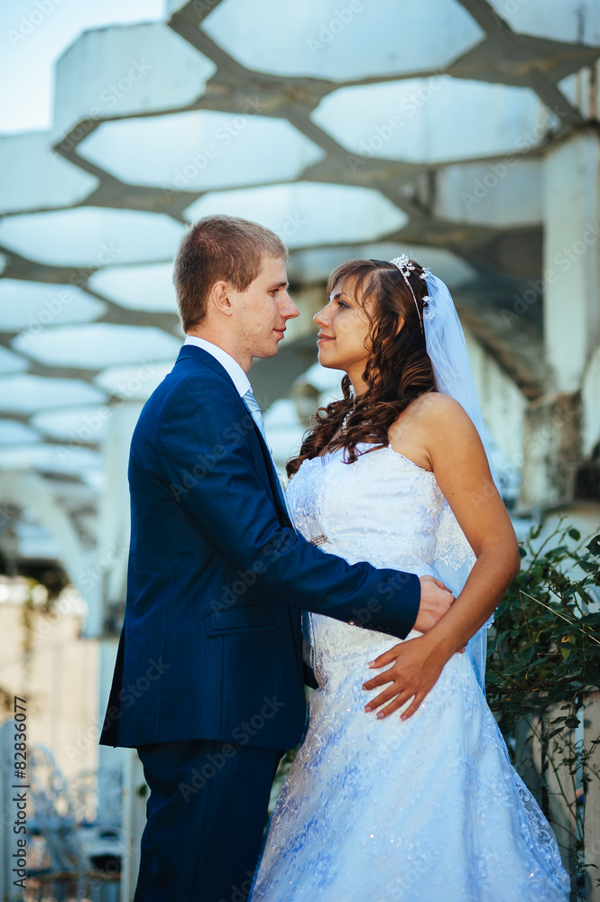 Bride and Groom at wedding Day walking Outdoors on spring nature Bride and Groom at wedding Day walking Outdoors on spring nature