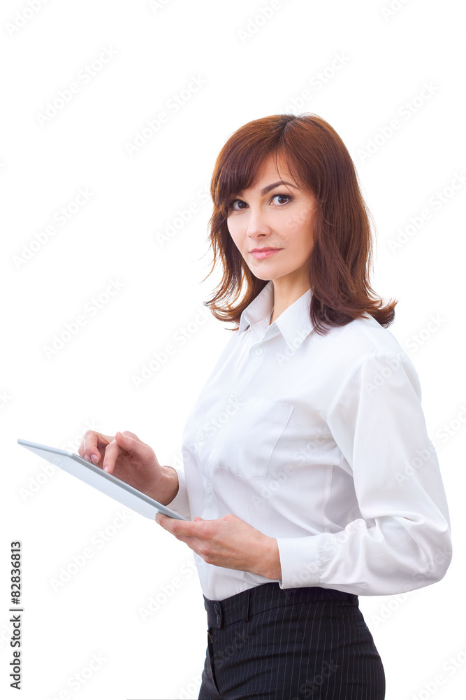 adult female in shirt using tablet adult female in shirt using tablet