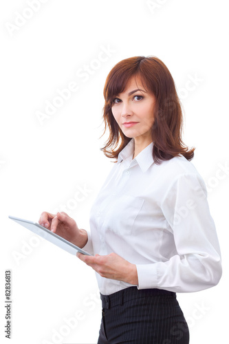 adult female in shirt using tablet