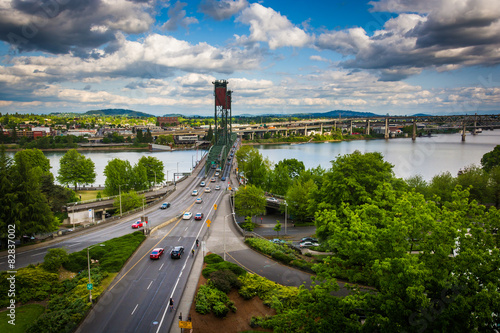 View of the Williamette River and Hawthorne Bridge, in Portland,