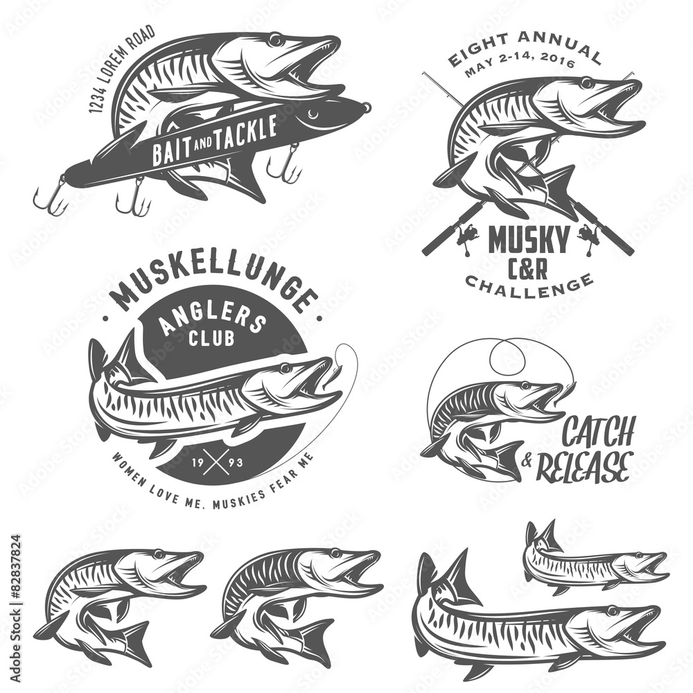 Obraz premium Set of muskellunge musky fishing design elements