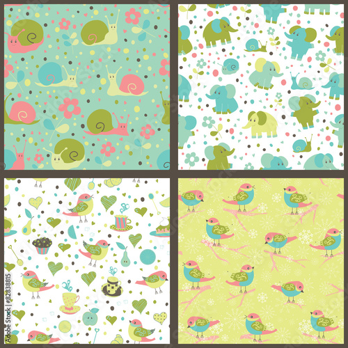Set of seamless patterns with cartoon animals and sweets