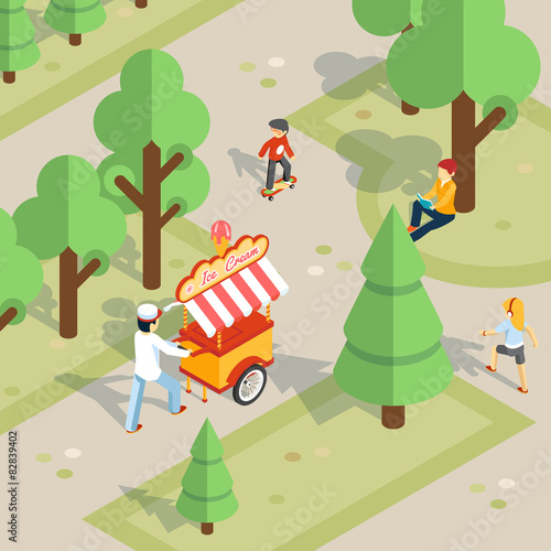 Ice cream seller rolls trolley through the park