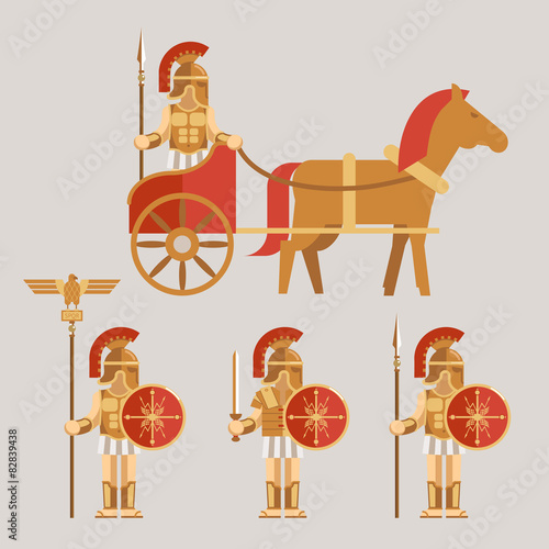 Ancient wariors icons with sword or spear and shield on chariot