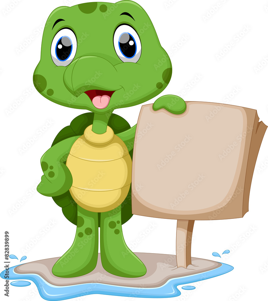 Fototapeta premium Cute turtle cartoon holding a blank sign