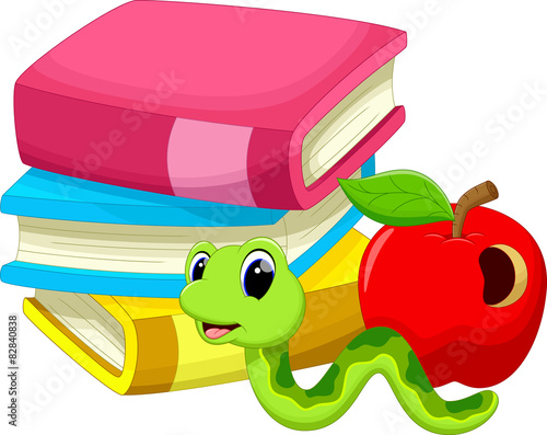 Illustration of books apple and worm
