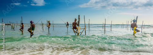 Sri Lankan unique tilt fishing style. Fishermen on the pole