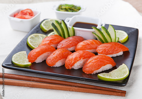 Delicious fresh sushi served on a plate. Japanese Cuisine