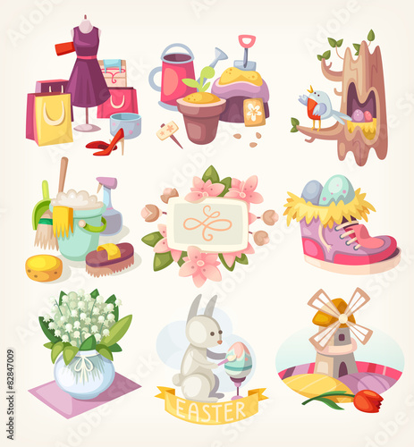 Set of colorful decorative spring flowers and animals  