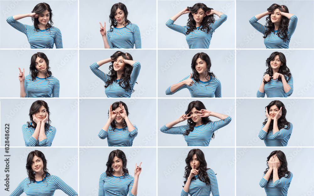 Close-up happy woman portrait isolated over blue background. Col Close-up happy woman portrait isolated over blue background. Col