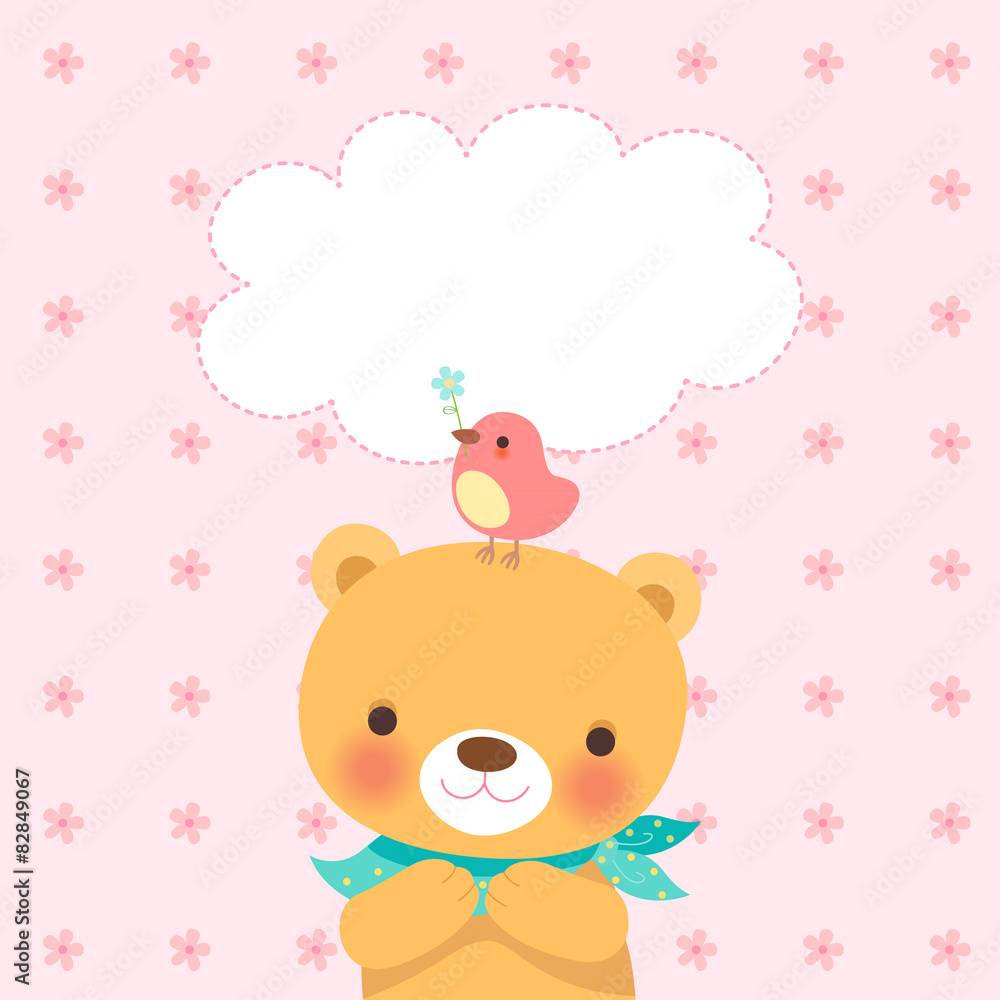 cute bear and a little bird-pink flower pattern