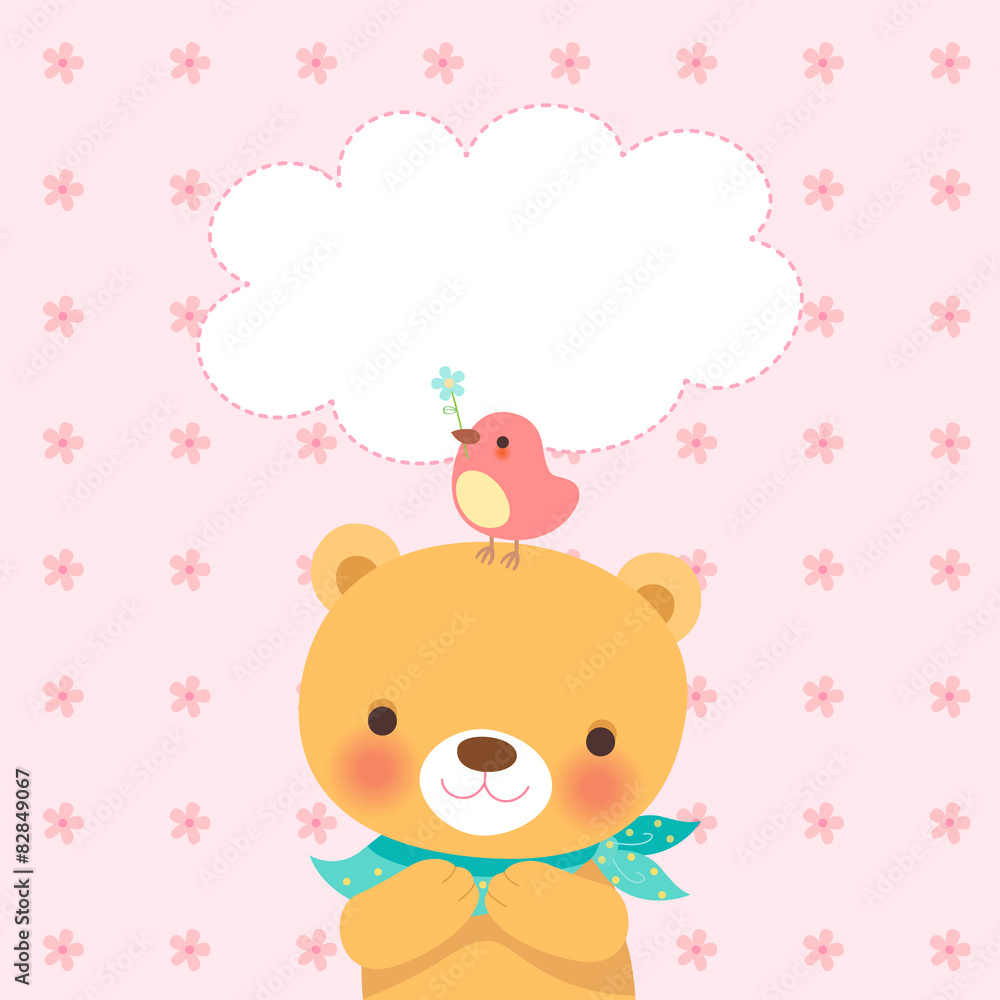 cute bear and a little bird-pink flower pattern cute bear and a little bird-pink flower pattern