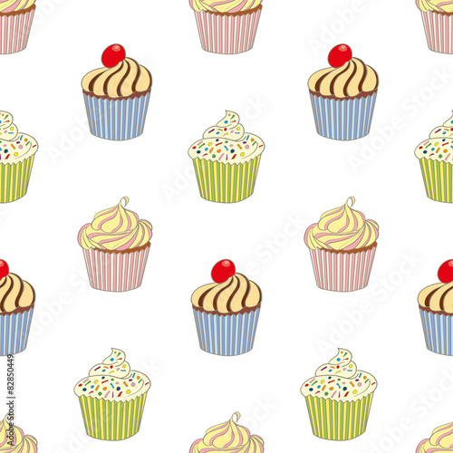 Delicious colorful cupcakes on white background  seamless patter