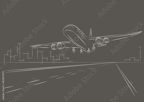 linear sketch plane taking off gray background